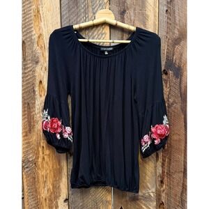 Womens Blouse M Black Embroidered Boho Cottage Romantic Peasant Prairie Fairy